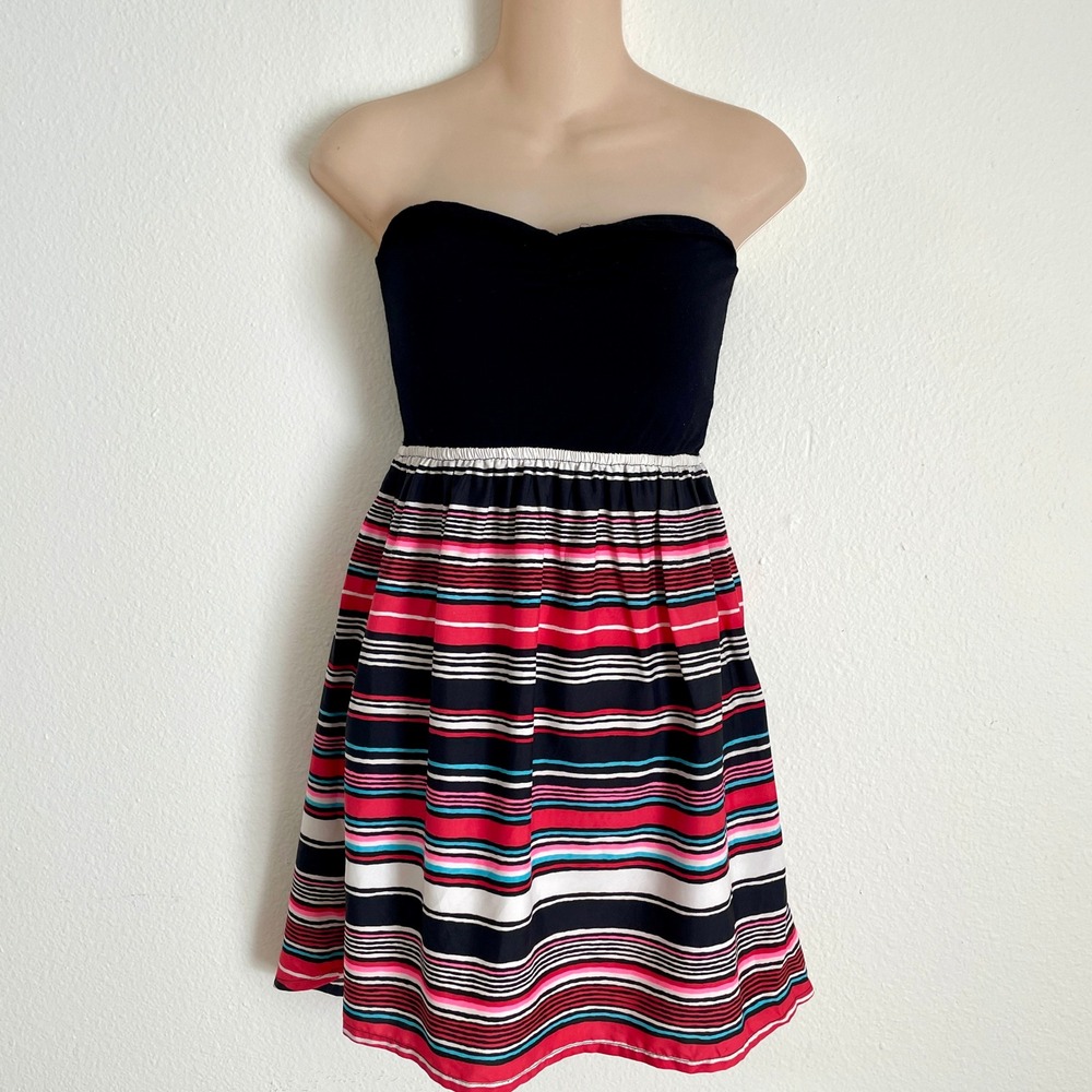 Roxy Strapless Striped Mini Sun Dress Black Pink Multi Festival‎ Y2K Boho Wmns M